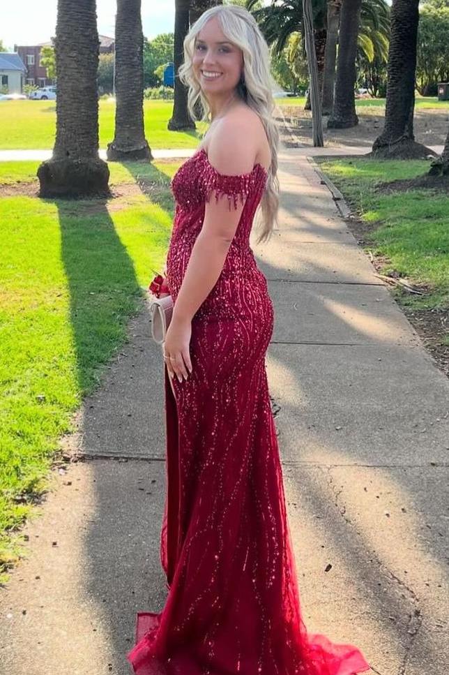 Off-Shoulder V-Neck Beading Mermaid Long Formal Prom Dress