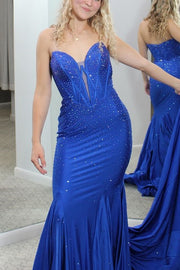 Royal Blue Strapless V-Neck Mermaid Rhinestone Long Prom Dress