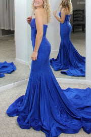 Royal Blue Strapless V-Neck Mermaid Rhinestone Long Prom Dress