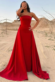 A-Line Strapless Scoop Neck Satin Pleated Long Formal Prom Dress