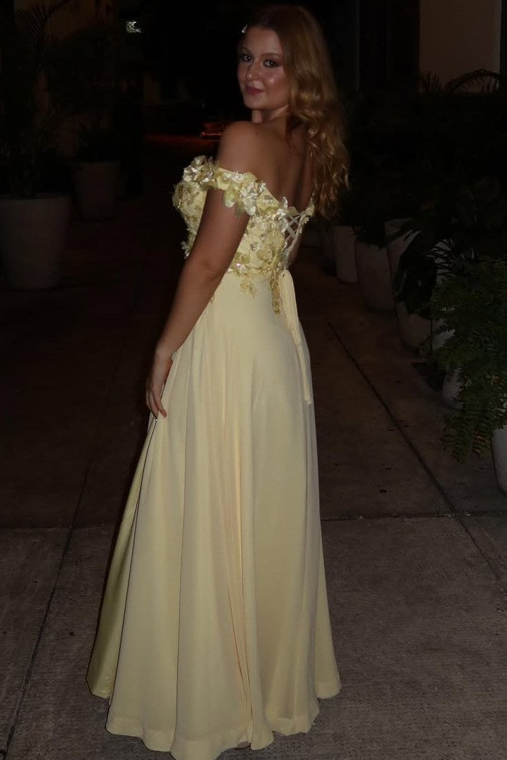 Yellow Off-Shoulder V-Neck Appliques Pleated High Slit Prom Dress