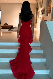 Red Strapless Ruffles Scoop Neck Mermaid Sleeveless Long Prom Dress