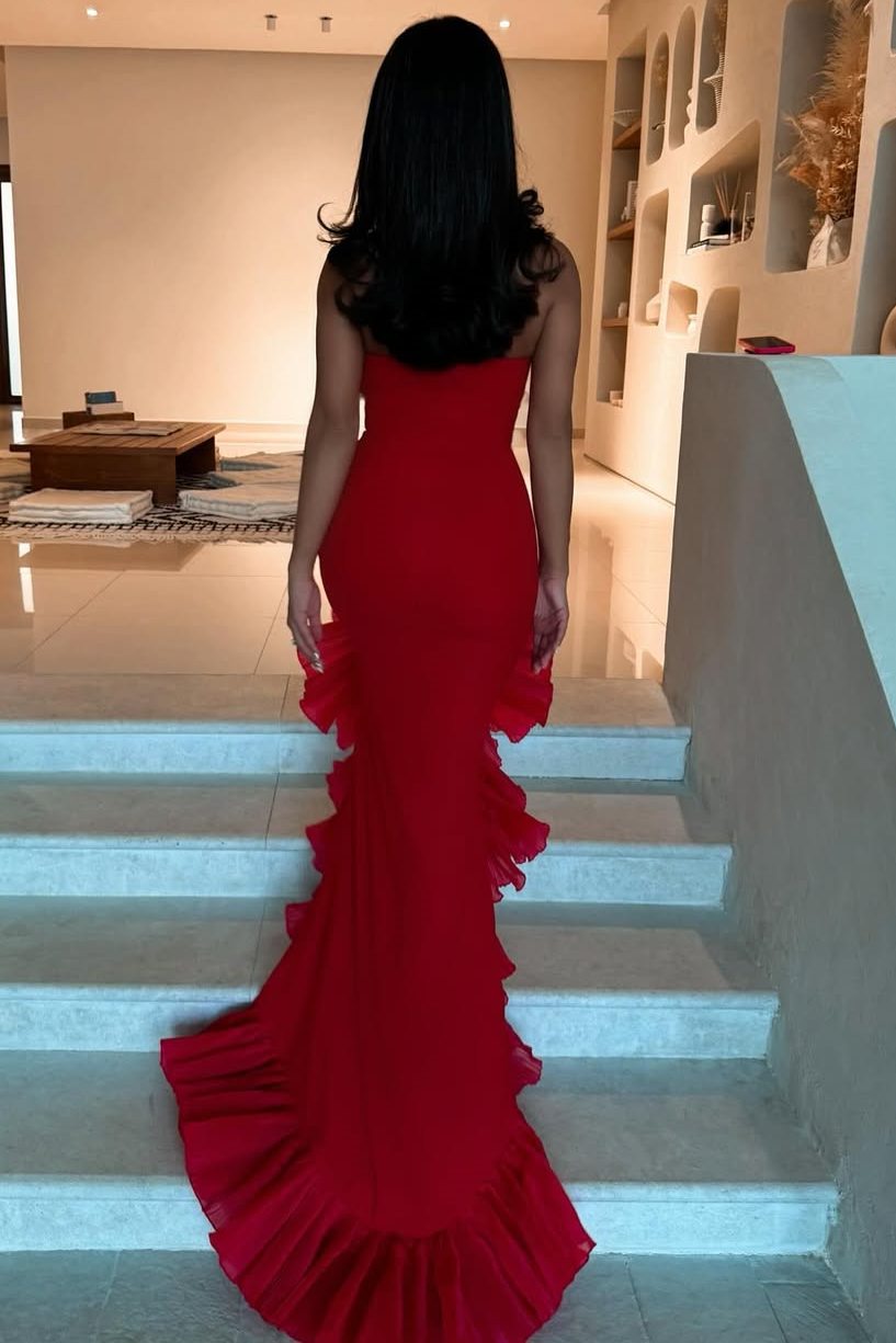 Red Strapless Ruffles Scoop Neck Mermaid Sleeveless Long Prom Dress