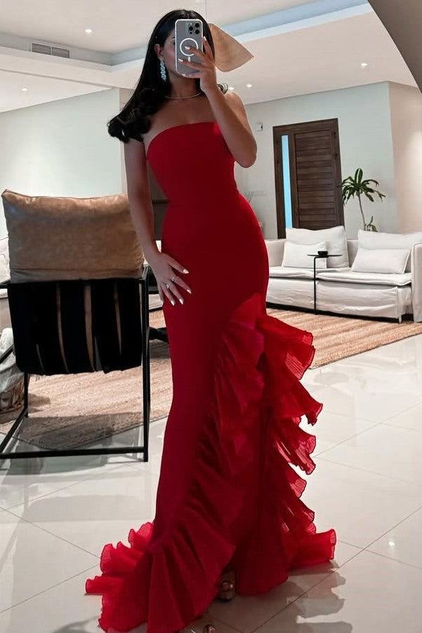 Red Strapless Ruffles Scoop Neck Mermaid Sleeveless Long Prom Dress