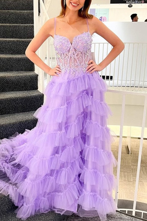 Spaghetti Straps V-Neck A-Line Layered Tulle Lilac Prom Dress