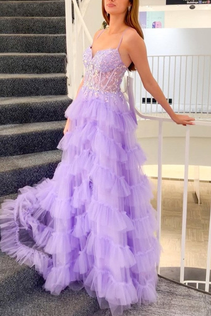 Spaghetti Straps V-Neck A-Line Layered Tulle Lilac Prom Dress