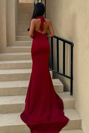 Chic Halter Sleeveless Satin Pleated Mermaid Formal Prom Dress with Train