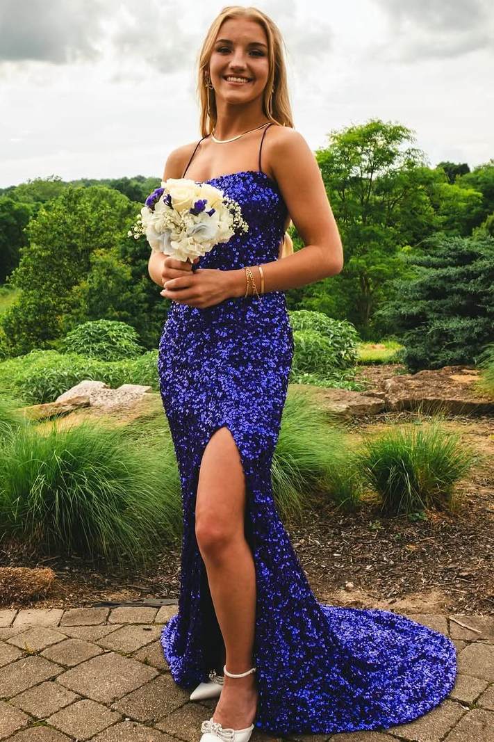 Classic Sequined Spaghetti Straps Mermaid Long Prom Dress with Slit