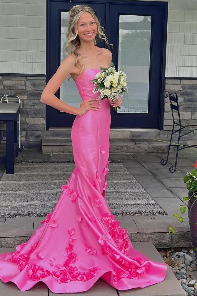 Pink Strapless Mermaid Sleeveless Appliques Long Formal Prom Dress