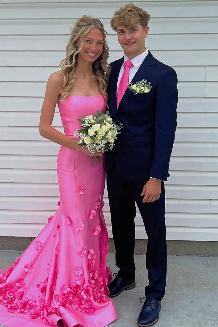 Pink Strapless Mermaid Sleeveless Appliques Long Formal Prom Dress