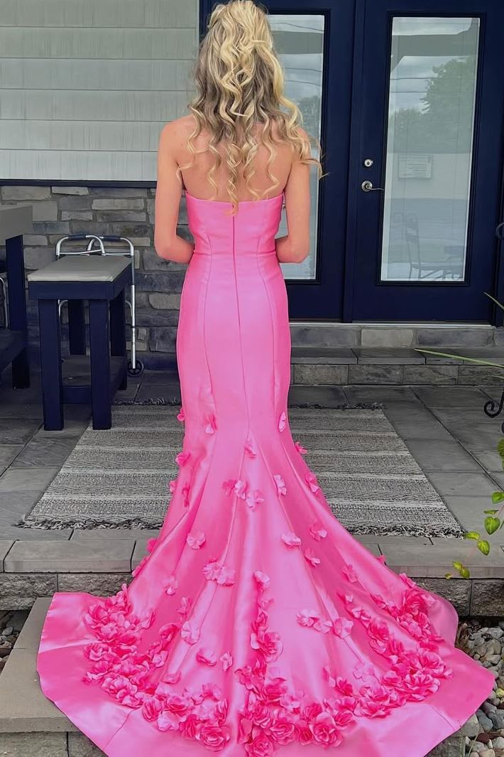 Pink Strapless Mermaid Sleeveless Appliques Long Formal Prom Dress