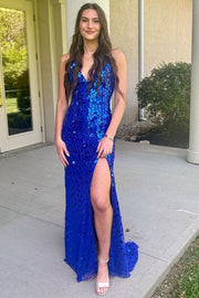 Spaghetti Straps Mirror-Cut Sequins Mermaid Long Prom Dress with Slit