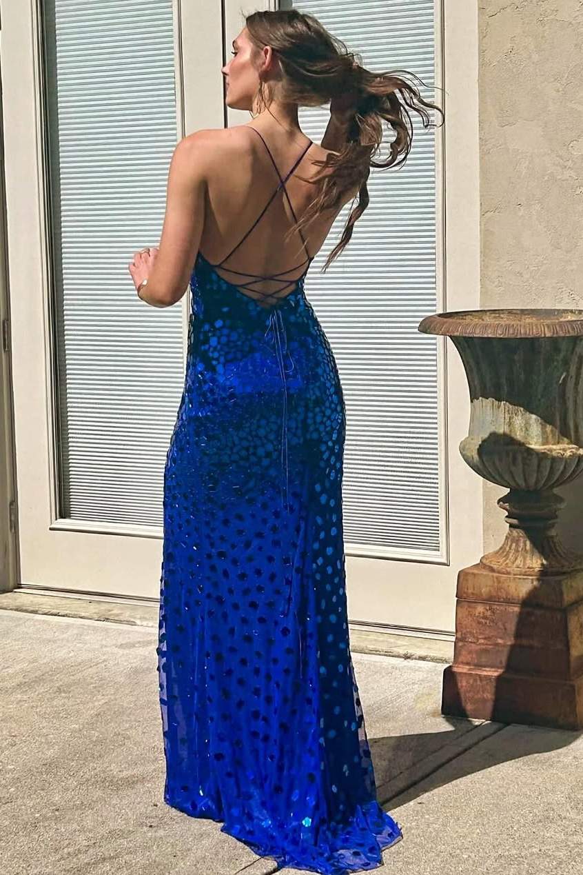 Spaghetti Straps Mirror-Cut Sequins Mermaid Long Prom Dress with Slit