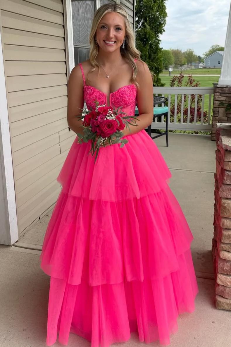 Spaghetti Straps V-Neck Empire-Waist Layered Tulle Long Prom Dress