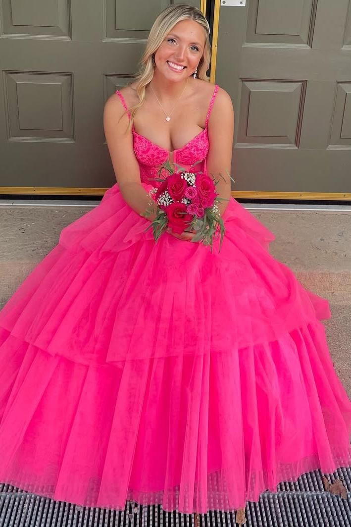 Spaghetti Straps V-Neck Empire-Waist Layered Tulle Long Prom Dress