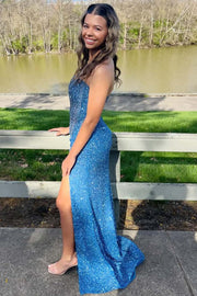 Stunning Strapless Mermaid High Slit Sequined Long Prom Dress