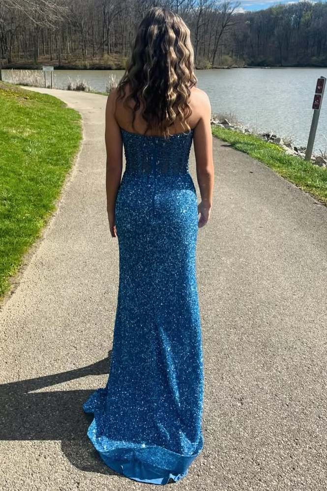 Stunning Strapless Mermaid High Slit Sequined Long Prom Dress