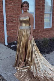 Gold A-Line Strapless Scoop Metallic Belt Pleated Long Prom Dress