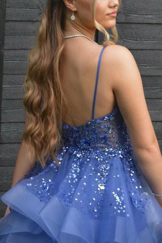 Spaghetti Straps V-Neck Ruffles Tulle Sleeveless Long Prom Dress