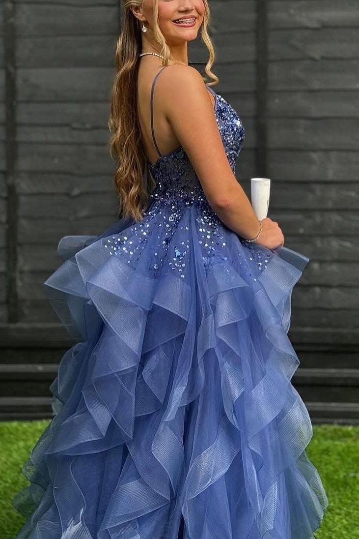 Spaghetti Straps V-Neck Ruffles Tulle Sleeveless Long Prom Dress