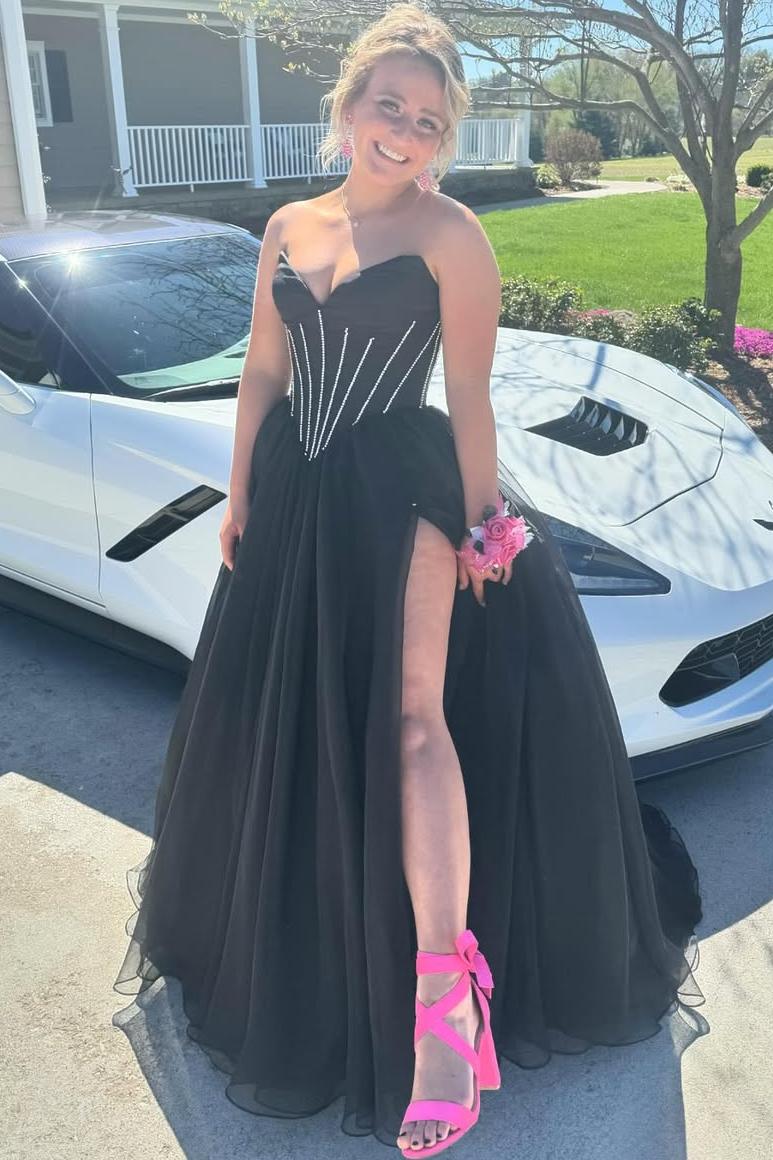 Black A-Line Strapless V-Neck Empire-Waist High Slit Prom Dress