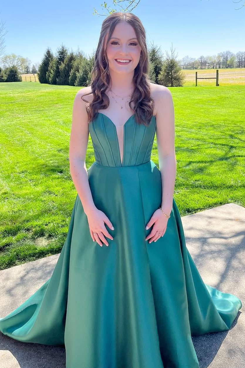 Satin Green Strapless Deep V-Neck A-Line Prom Formal Dress with Train