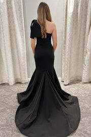 Black One Shoulder Bow Satin Mermaid Sleeveless Long Prom Dress with Train