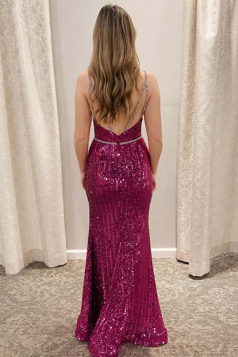 Sparkly V-Neck Spaghetti Straps Sequined Long Prom Dress with Slit