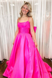 Hot Pink Spaghetti Straps A-Line Satin Long Prom Dress with Big Bow