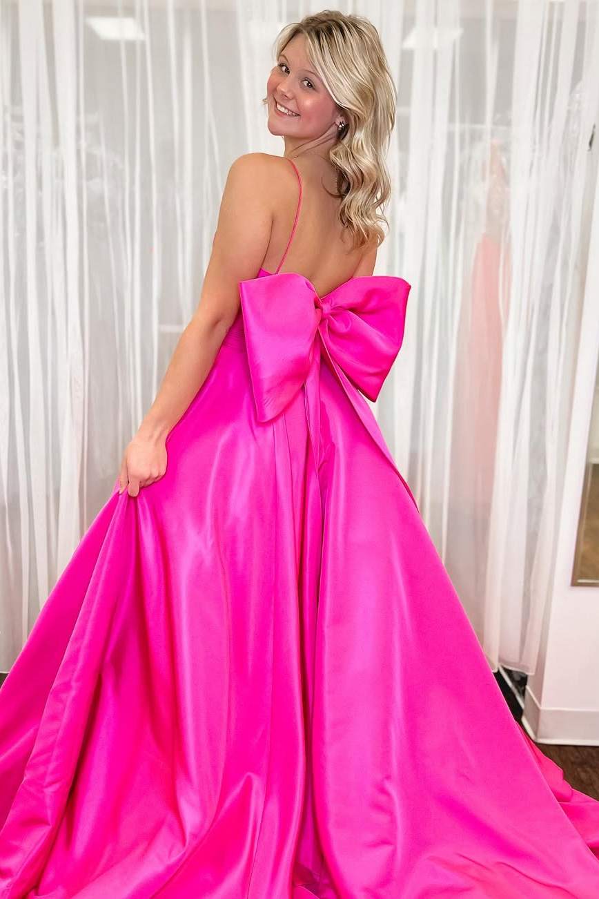 Hot Pink Spaghetti Straps A-Line Satin Long Prom Dress with Big Bow