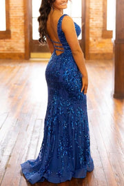 Mermaid Straps V-Neck Sequins Appliques Sleeveless Long Prom Dress