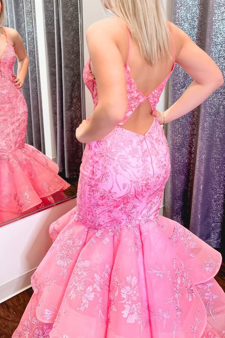 Pink Spaghetti Straps V-Neck Mermaid Appliques Long Prom Dress