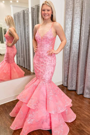 Pink Spaghetti Straps V-Neck Mermaid Appliques Long Prom Dress