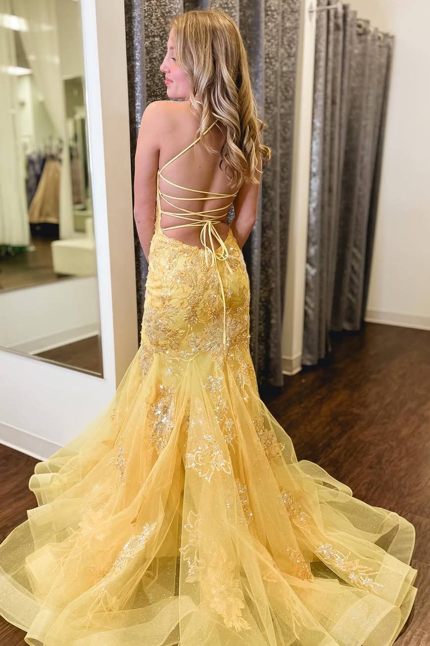 Yellow Mermaid Straps Appliques Sleeveless Prom Dress with Train