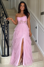 A-Line Strapless Appliques Ruffles Tulle Empire-Waist Prom Dress with Slit