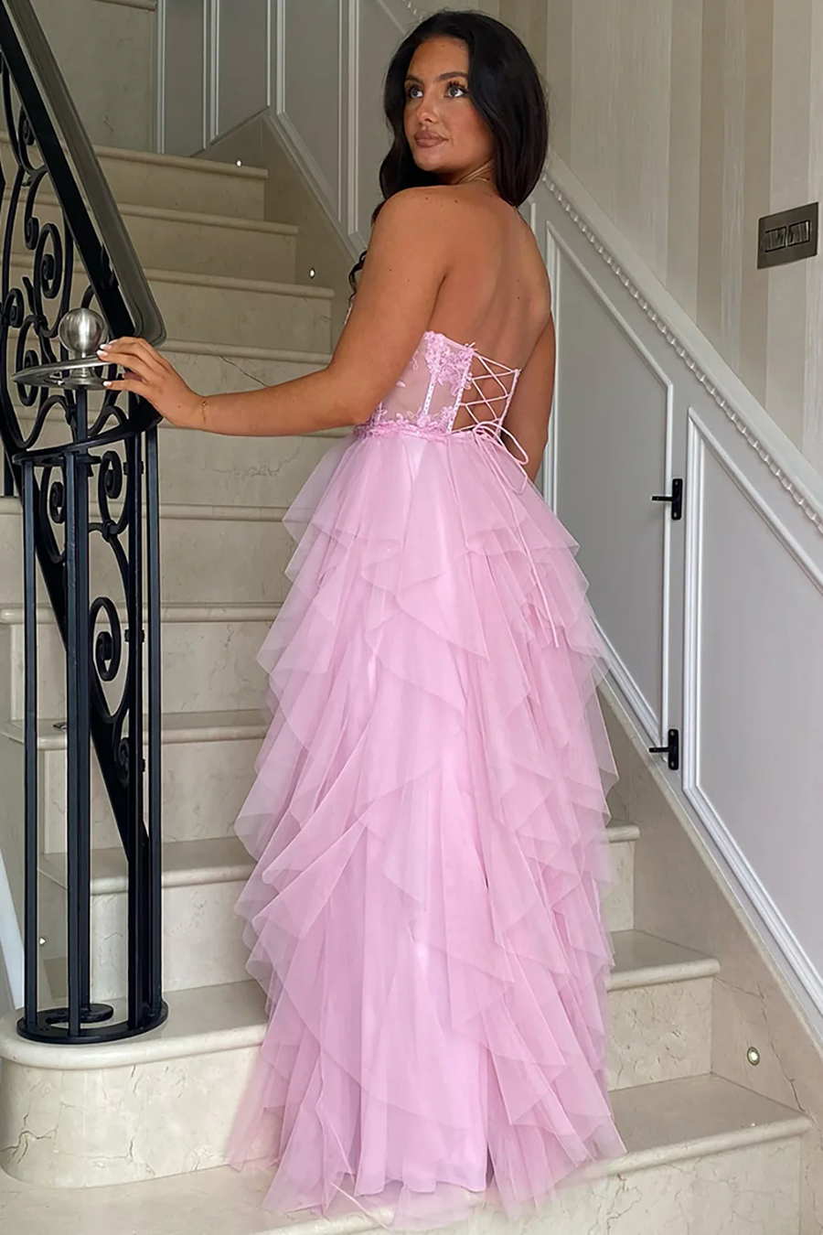 A-Line Strapless Appliques Ruffles Tulle Empire-Waist Prom Dress with Slit