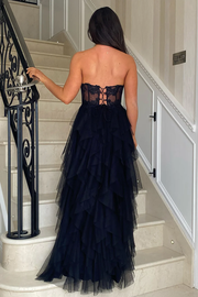 A-Line Strapless Appliques Ruffles Tulle Empire-Waist Prom Dress with Slit