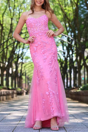 Pink Strapless Sweetheart Lace Appliques Mermaid Long Prom Dress