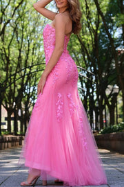 Pink Strapless Sweetheart Lace Appliques Mermaid Long Prom Dress