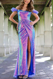 Sparkly Off-Shoulder Sequined Pleats Mermaid Long Prom Dress with Slit