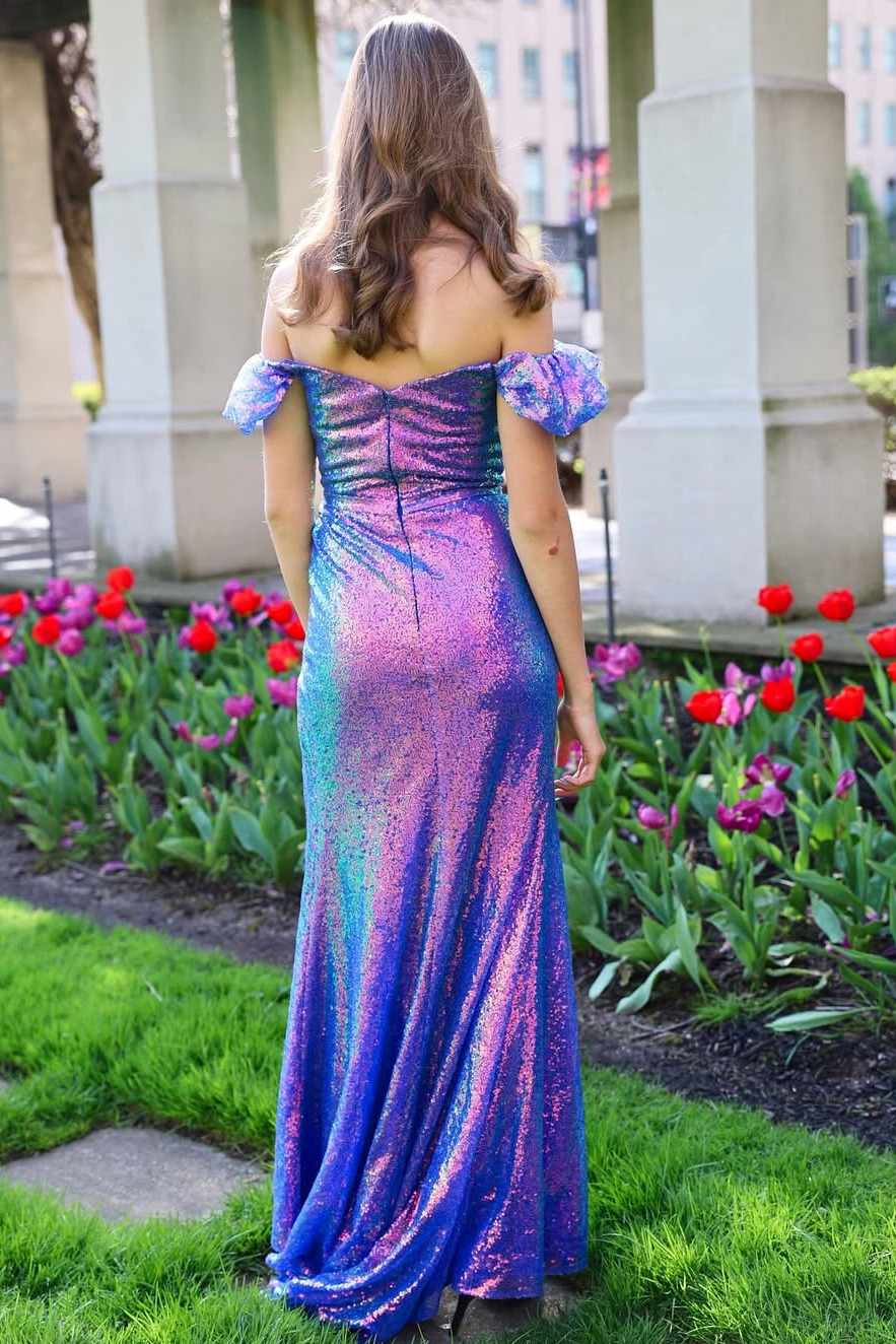 Sparkly Off-Shoulder Sequined Pleats Mermaid Long Prom Dress with Slit