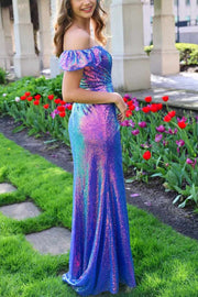 Sparkly Off-Shoulder Sequined Pleats Mermaid Long Prom Dress with Slit