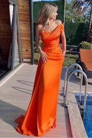 Orange Mermaid Pleated Satin Empire-Waist Long Formal Prom Dress