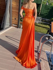 Orange Mermaid Pleated Satin Empire-Waist Long Formal Prom Dress