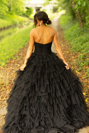 Black Strapless Bow Layered Tulle A-Line Empire-Waist Long Prom Dress