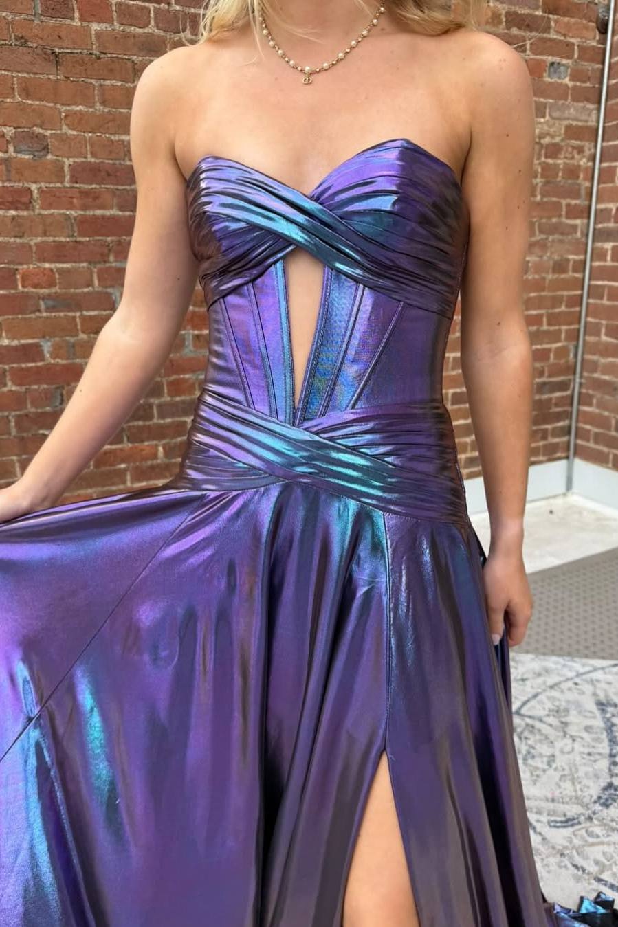 knee length dresses for ladies Charming Mermaid Off the Shoulder Purple Metallic Satin Prom Dress with Slit AB24123005 – Anniebride