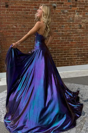 Strapless A-Line Empire-Waist Keyhole Pleated Metallic Prom Dress