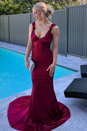 Burgundy Mermaid Straps Satin Pleated Long Formal Prom Dress with Train