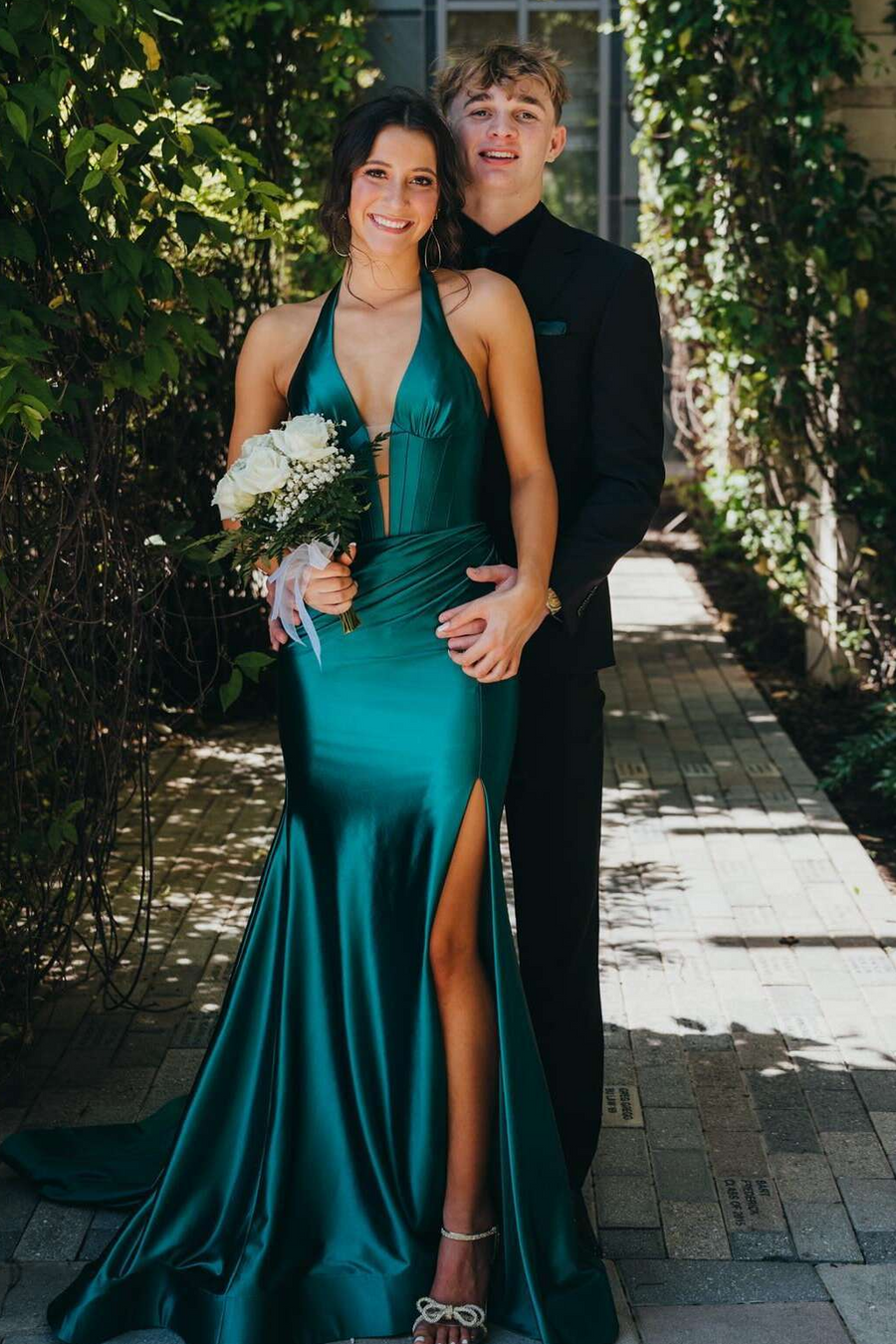 Halter V-Neck Mermaid Sleeveless Satin Pleated Formal Prom Dress with Train