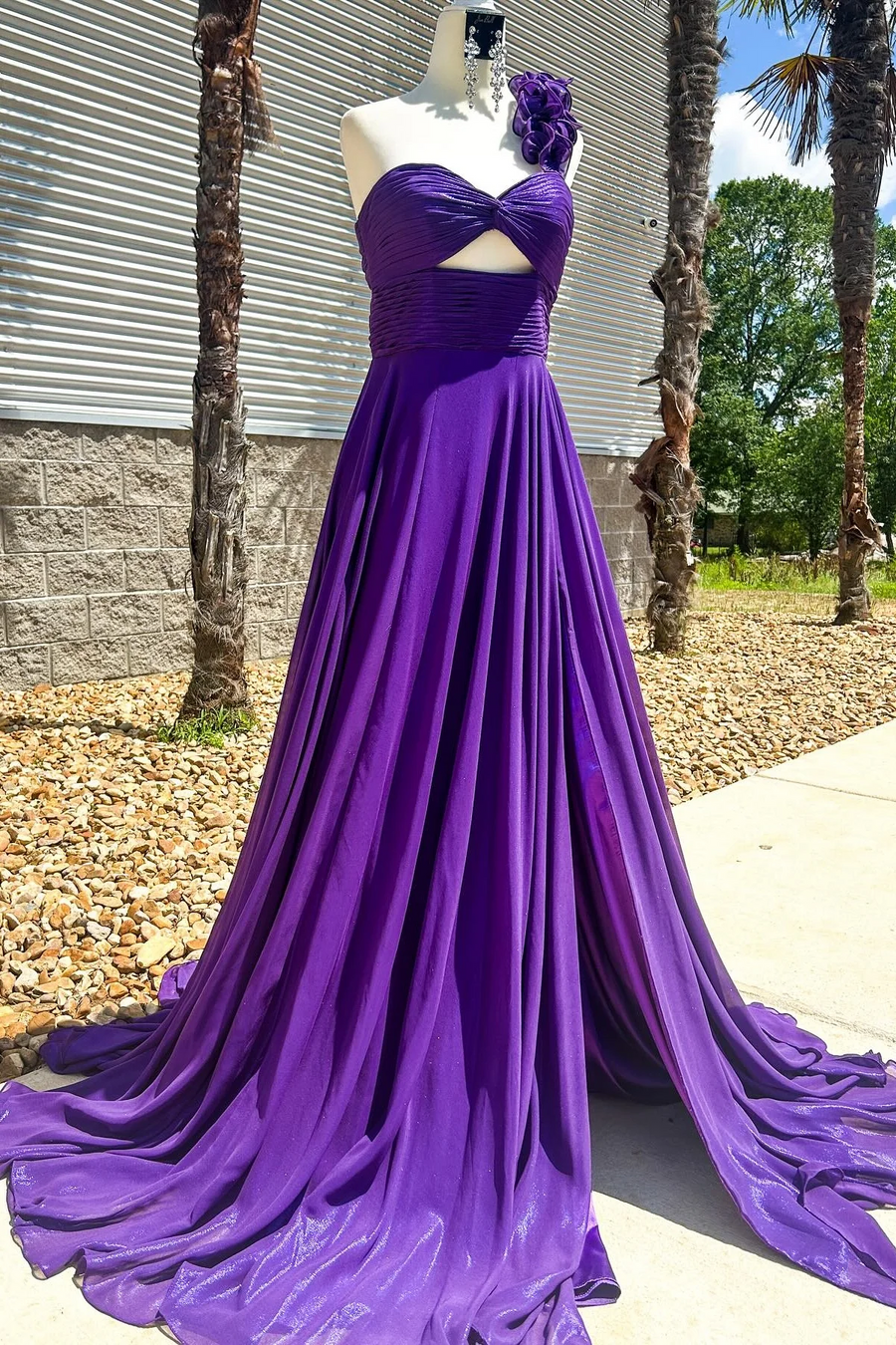 One Shoulder Keyhole A-Line Pleated Empire-Waist Long Formal Prom Dress